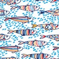 Seamless pattern with cute doodle sardines in the water